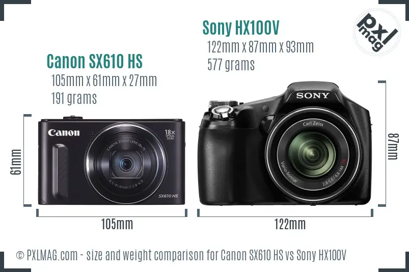 Canon SX610 HS vs Sony HX100V size comparison