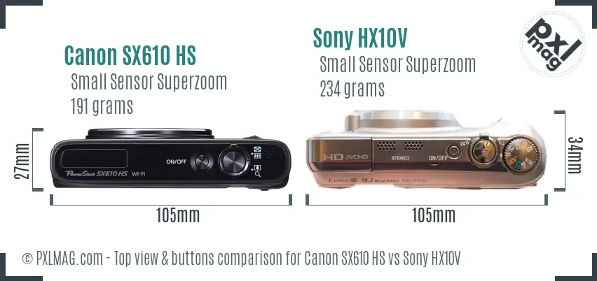 Canon SX610 HS vs Sony HX10V top view buttons comparison Canon SX610 HS vs Sony HX10V top view buttons comparison