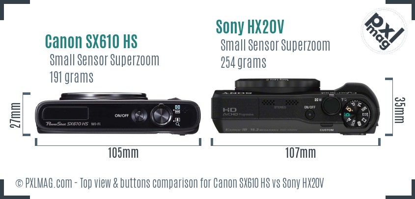 Canon SX610 HS vs Sony HX20V top view buttons comparison