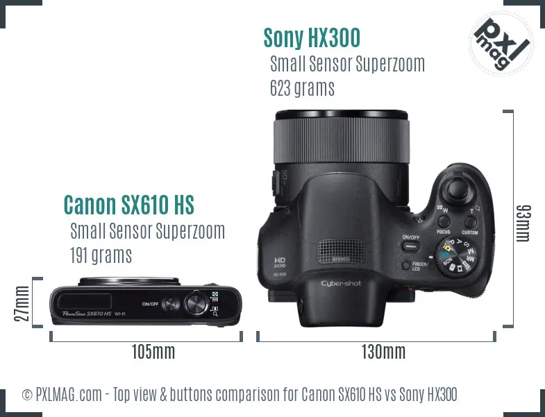 Canon SX610 HS vs Sony HX300 top view buttons comparison