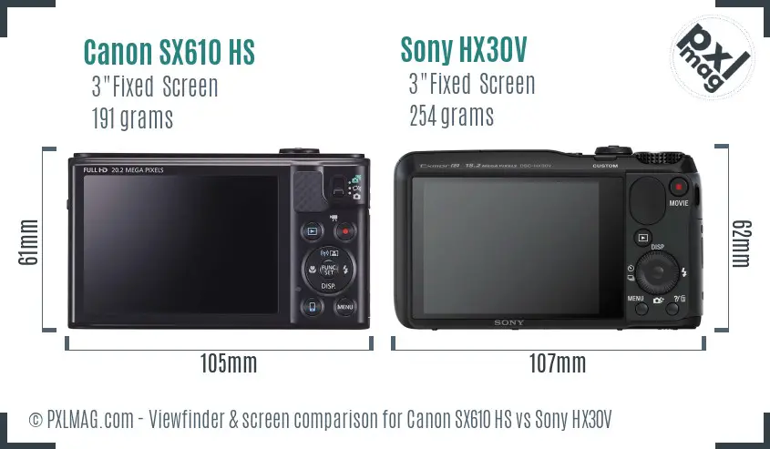 Canon SX610 HS vs Sony HX30V Screen and Viewfinder comparison