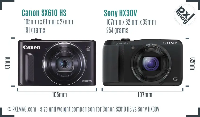 Canon SX610 HS vs Sony HX30V size comparison