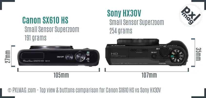 Canon SX610 HS vs Sony HX30V top view buttons comparison