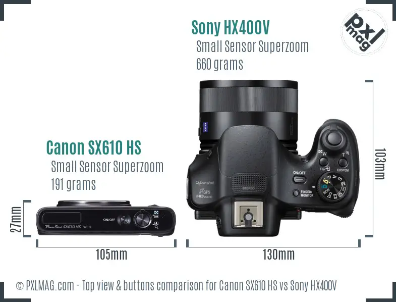 Canon SX610 HS vs Sony HX400V top view buttons comparison Canon SX610 HS vs Sony HX400V top view buttons comparison