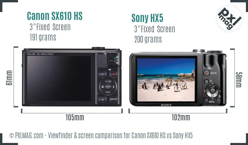 Canon SX610 HS vs Sony HX5 Screen and Viewfinder comparison