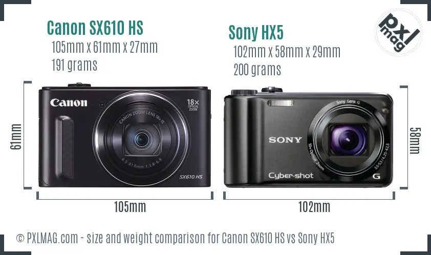 Canon SX610 HS vs Sony HX5 size comparison