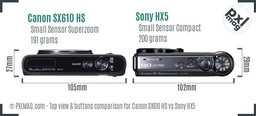 Canon SX610 HS vs Sony HX5 top view buttons comparison