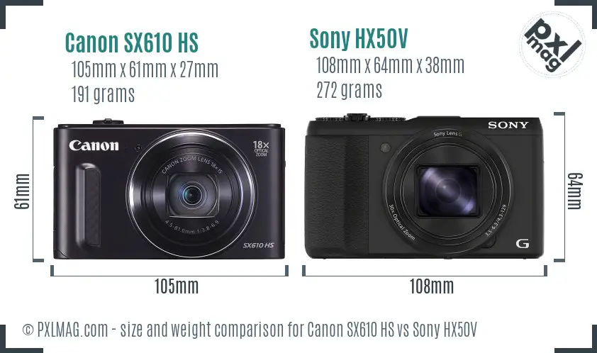 Canon SX610 HS vs Sony HX50V size comparison