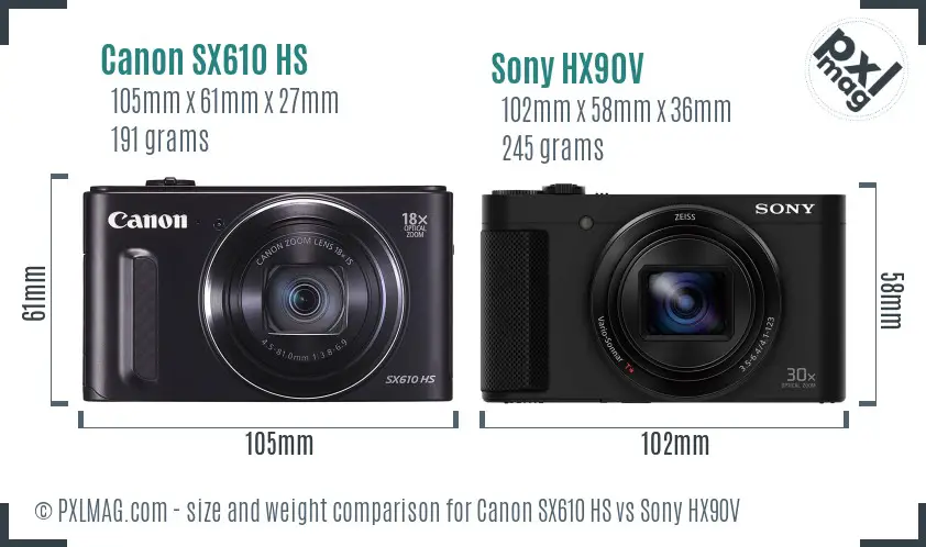 Canon SX610 HS vs Sony HX90V size comparison