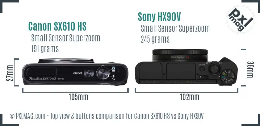 Canon SX610 HS vs Sony HX90V top view buttons comparison