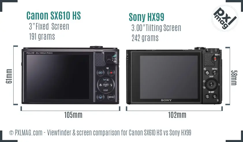 Canon SX610 HS vs Sony HX99 Screen and Viewfinder comparison