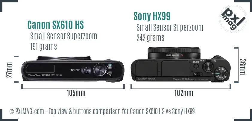 Canon SX610 HS vs Sony HX99 top view buttons comparison