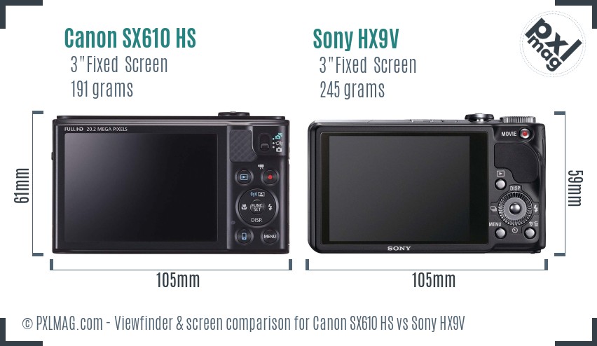 Canon SX610 HS vs Sony HX9V Screen and Viewfinder comparison