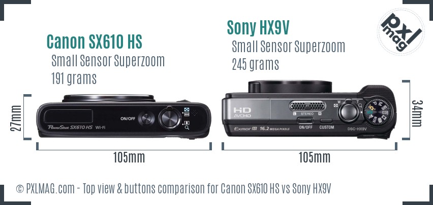Canon SX610 HS vs Sony HX9V top view buttons comparison