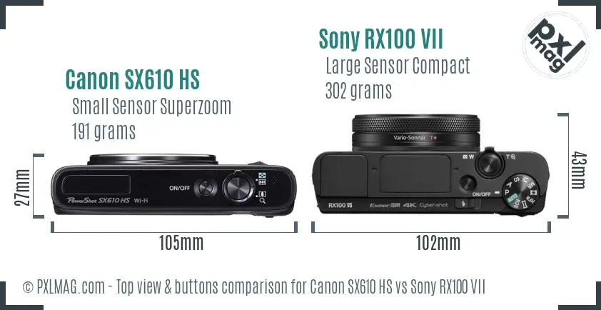 Canon SX610 HS vs Sony RX100 VII top view buttons comparison