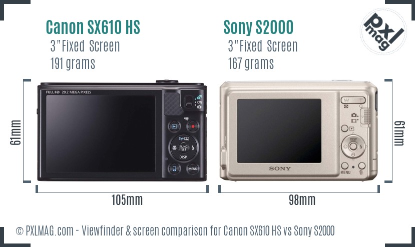Canon SX610 HS vs Sony S2000 Screen and Viewfinder comparison