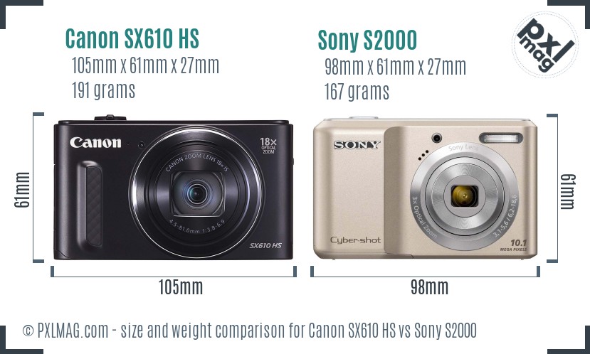 Canon SX610 HS vs Sony S2000 size comparison