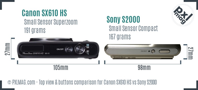 Canon SX610 HS vs Sony S2000 top view buttons comparison