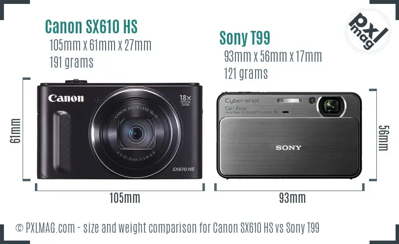 Canon SX610 HS vs Sony T99 size comparison