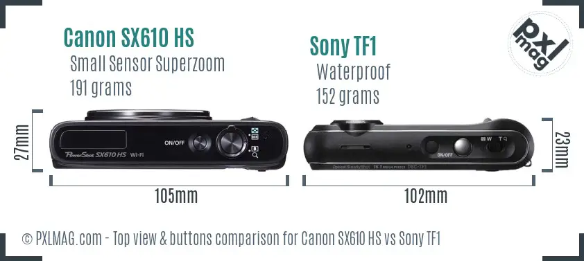 Canon SX610 HS vs Sony TF1 top view buttons comparison