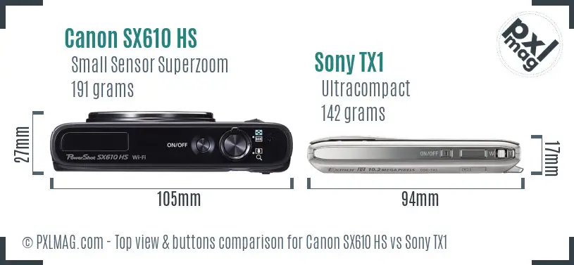 Canon SX610 HS vs Sony TX1 top view buttons comparison