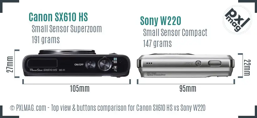 Canon SX610 HS vs Sony W220 top view buttons comparison Canon SX610 HS vs Sony W220 top view buttons comparison