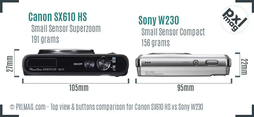 Canon SX610 HS vs Sony W230 top view buttons comparison Canon SX610 HS vs Sony W230 top view buttons comparison