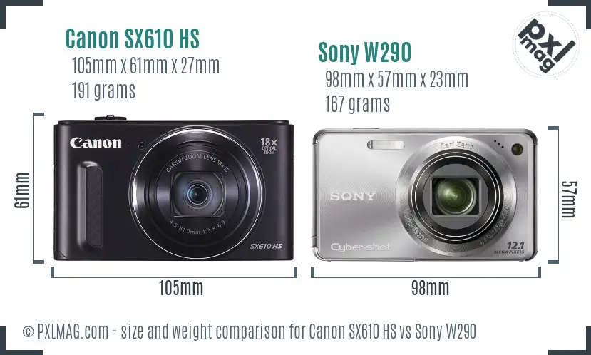 Canon SX610 HS vs Sony W290 size comparison