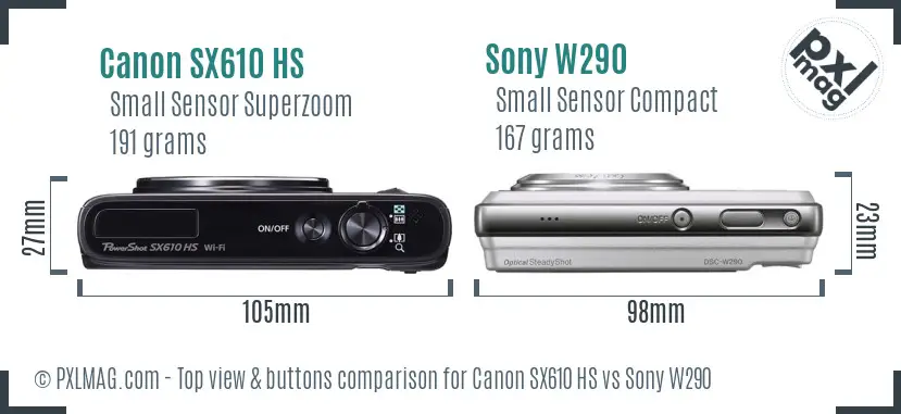 Canon SX610 HS vs Sony W290 top view buttons comparison