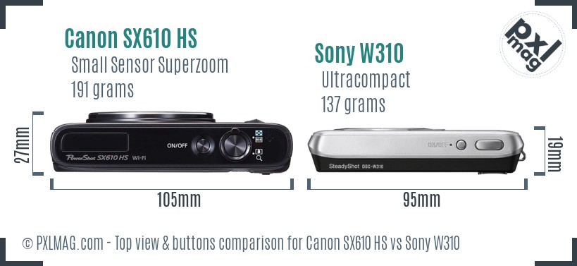Canon SX610 HS vs Sony W310 top view buttons comparison