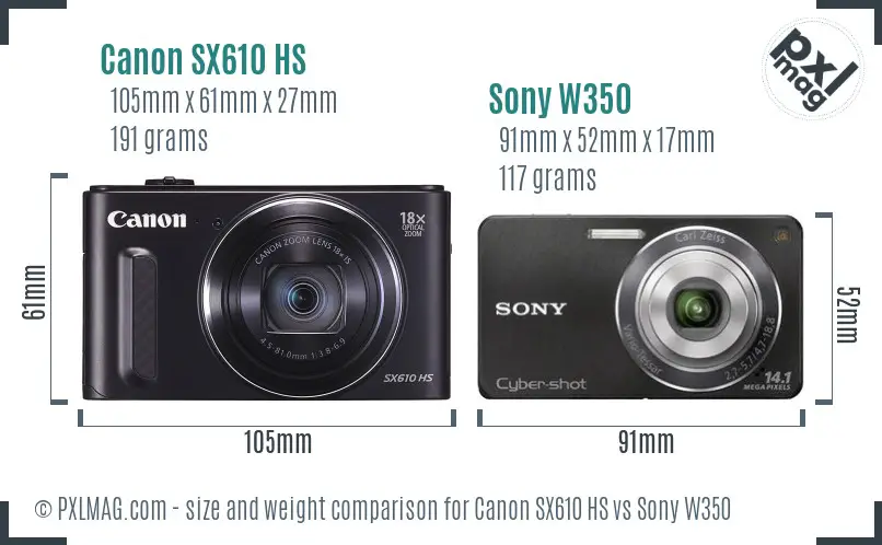 Canon SX610 HS vs Sony W350 size comparison