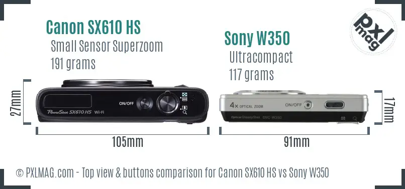 Canon SX610 HS vs Sony W350 top view buttons comparison