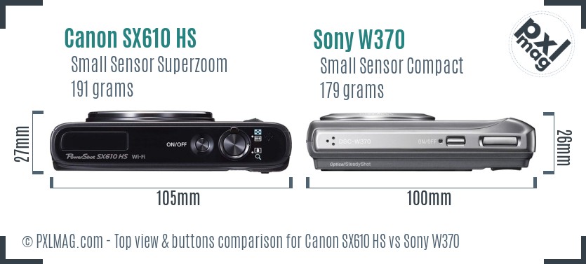 Canon SX610 HS vs Sony W370 top view buttons comparison