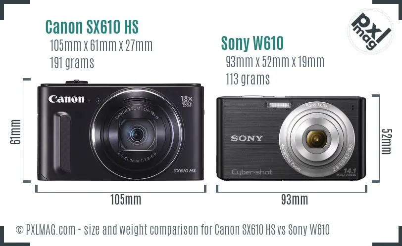 Canon SX610 HS vs Sony W610 size comparison