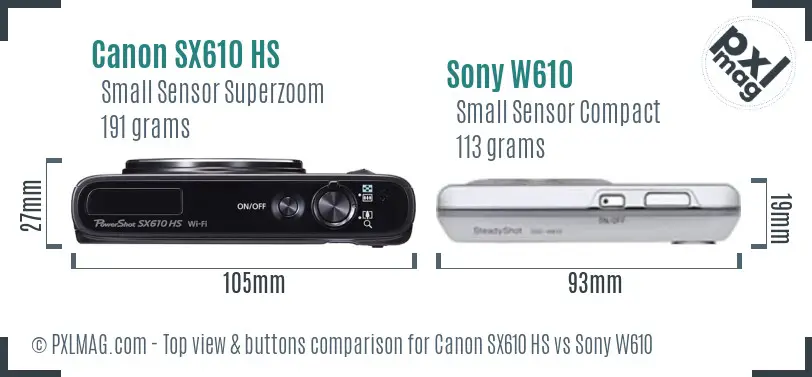 Canon SX610 HS vs Sony W610 top view buttons comparison