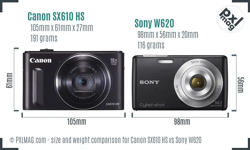 Canon SX610 HS vs Sony W620 size comparison