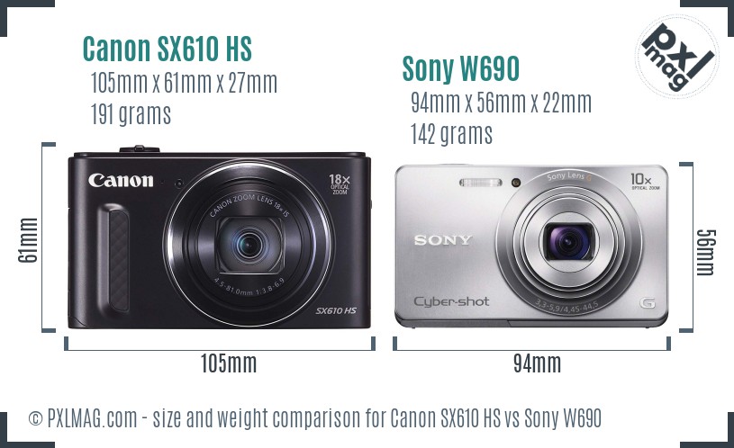 Canon SX610 HS vs Sony W690 size comparison