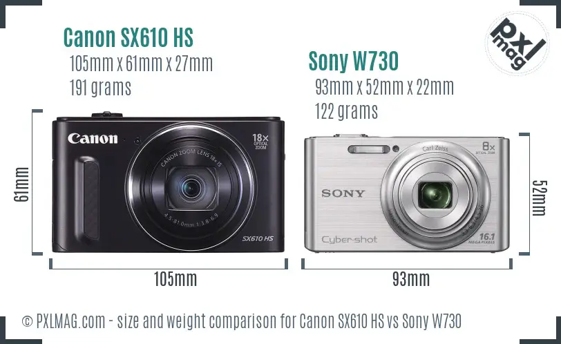 Canon SX610 HS vs Sony W730 size comparison