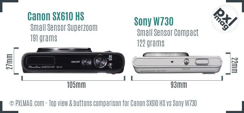 Canon SX610 HS vs Sony W730 top view buttons comparison