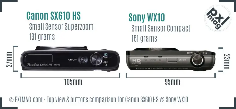 Canon SX610 HS vs Sony WX10 top view buttons comparison