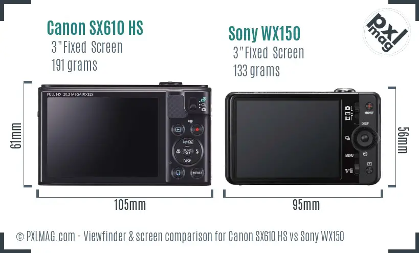 Canon SX610 HS vs Sony WX150 Screen and Viewfinder comparison