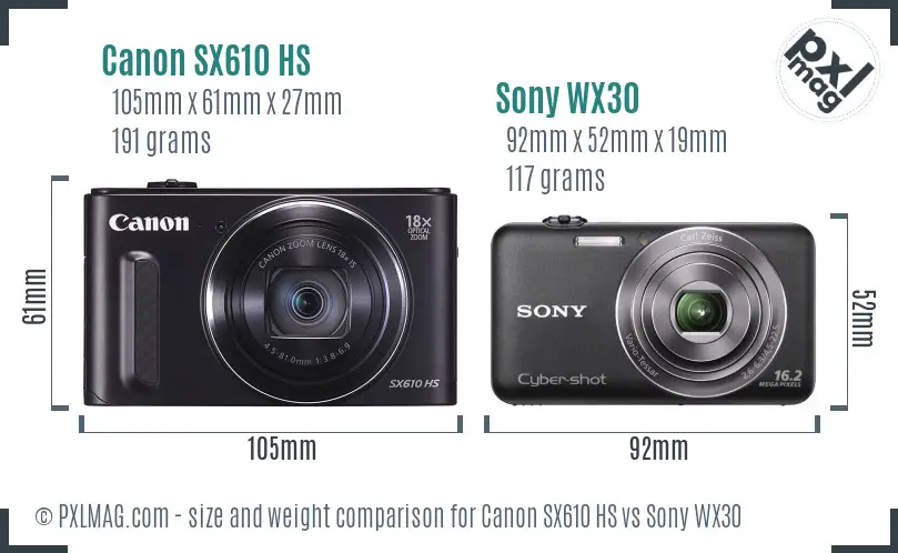 Canon SX610 HS vs Sony WX30 size comparison