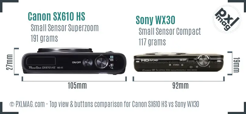 Canon SX610 HS vs Sony WX30 top view buttons comparison