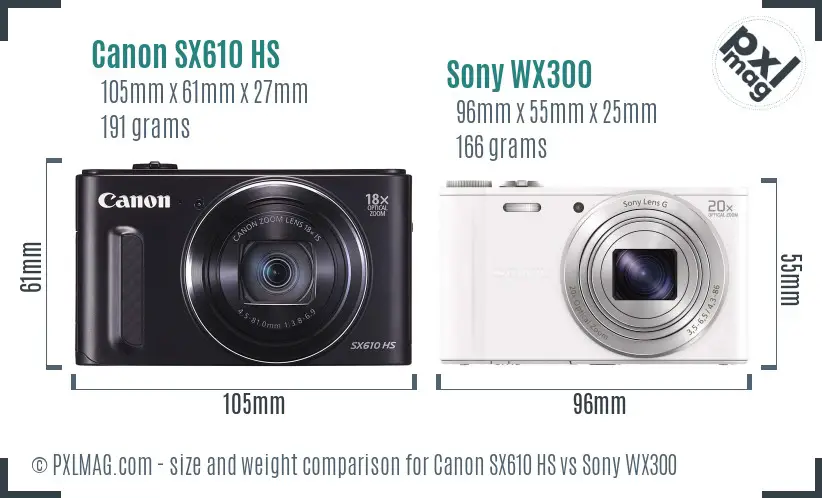 Canon SX610 HS vs Sony WX300 size comparison