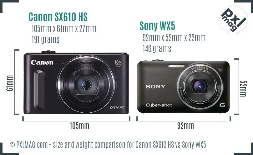 Canon SX610 HS vs Sony WX5 size comparison