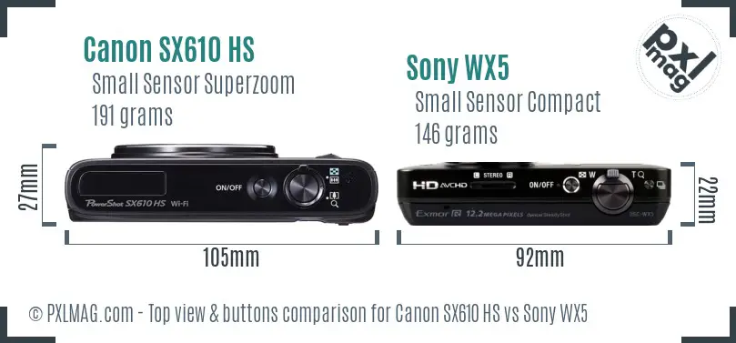 Canon SX610 HS vs Sony WX5 top view buttons comparison