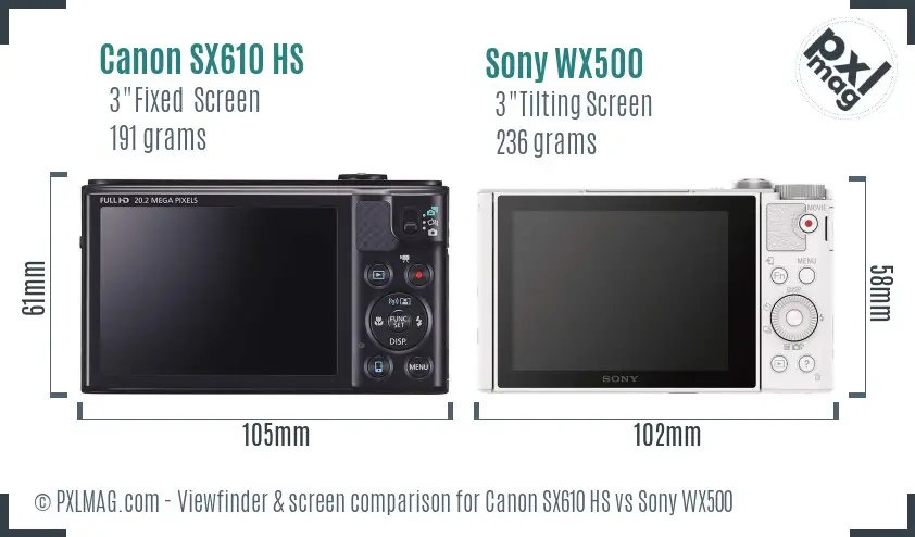 Canon SX610 HS vs Sony WX500 Screen and Viewfinder comparison