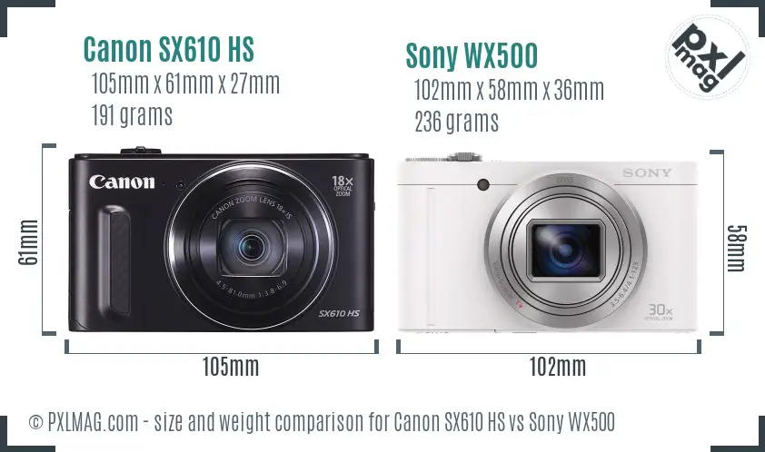 Canon SX610 HS vs Sony WX500 size comparison