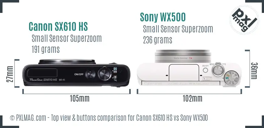 Canon SX610 HS vs Sony WX500 top view buttons comparison