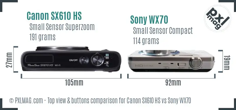 Canon SX610 HS vs Sony WX70 top view buttons comparison Canon SX610 HS vs Sony WX70 top view buttons comparison